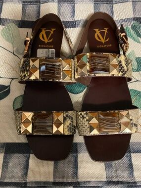 Vince Camuto Signature Snake-Print Studded Vero Cuoio Sandals Brown & Gold 7.5